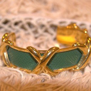 HERMÈS Criss Cross X Cuff Bracelet Vintage Gold Green Leather